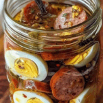 Huevos, salchichas y cebollas en escabeche