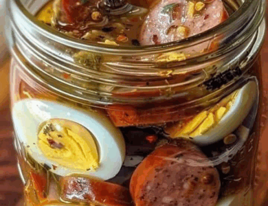 Huevos, salchichas y cebollas en escabeche