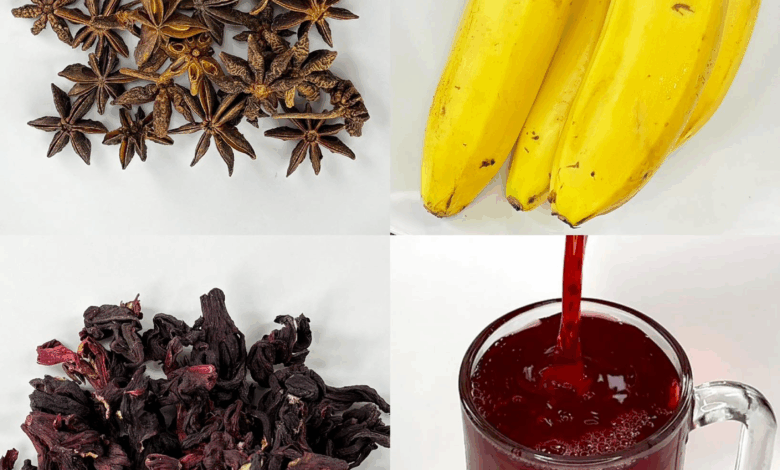 Té natural de cáscara de plátano, flor de Jamaica y anís estrella